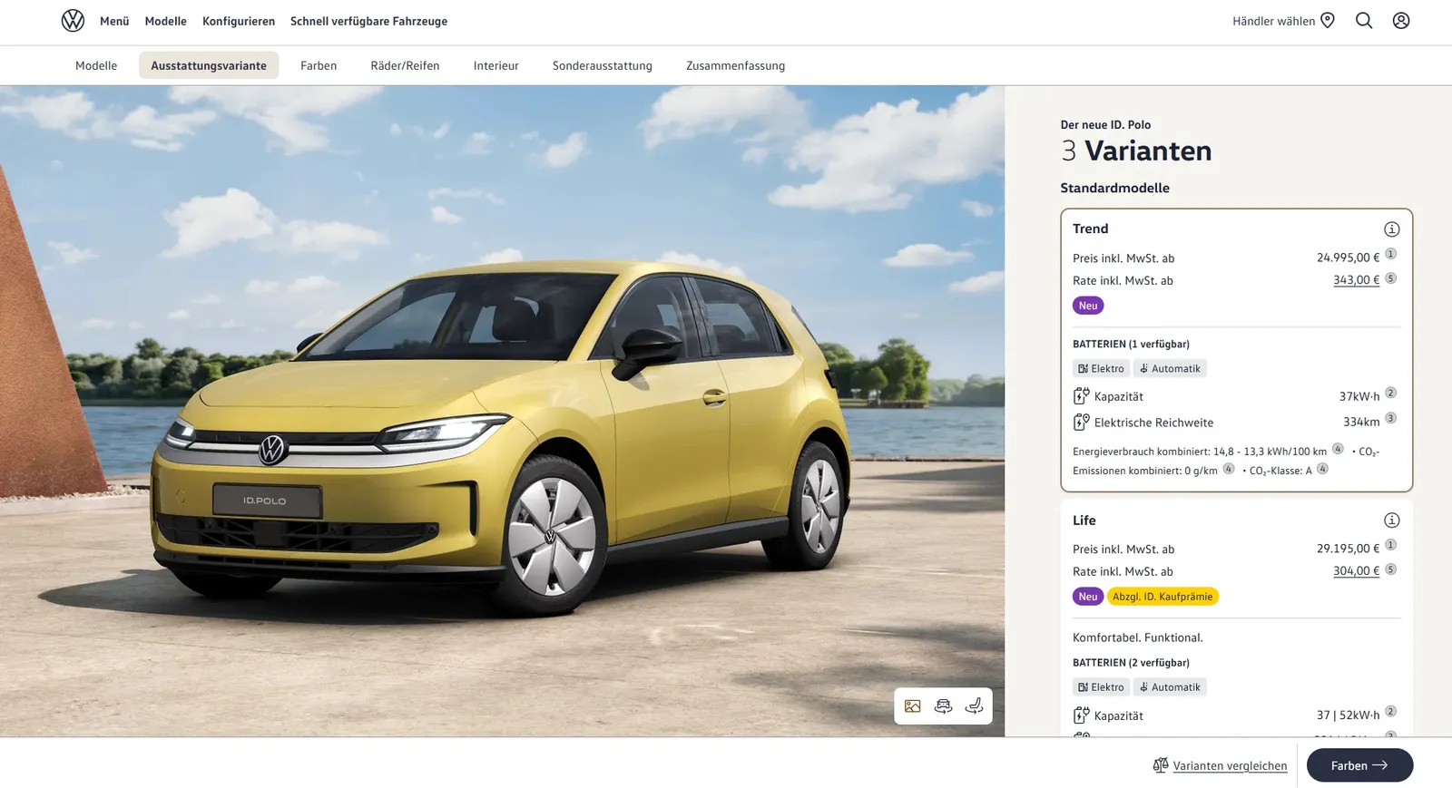 VW ID. Polo ~39 (37) kWh disponibile. Colore Wartburg Gelb, PREZZO: 24.995 euro; in Polonia costa 111.800 zloty per una autonomia di 334 km.