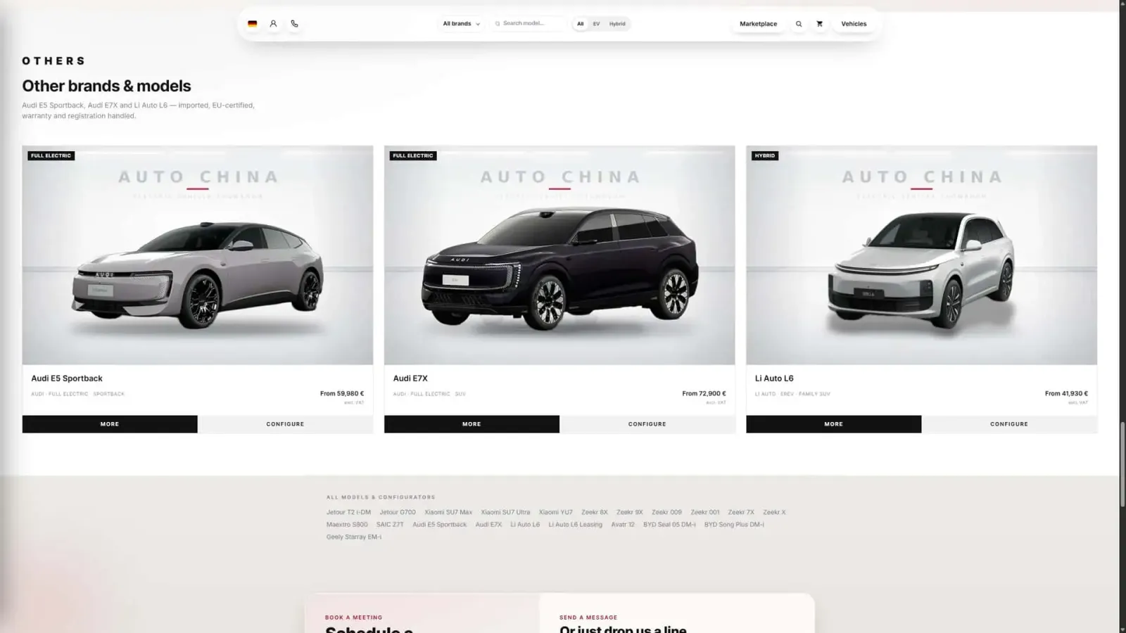 Schermata del sito web di Auto China, con i due EV AUDI cinesi in vendita.