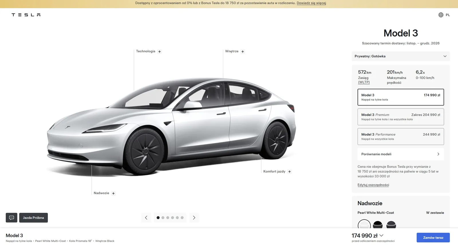 Tesla Model 3 Napęd na Tylne Koła ma większy zasięg, 520/534 -> 572 jedn. WLTP. Bateria CATL plus silnik 4DU czy… opony?