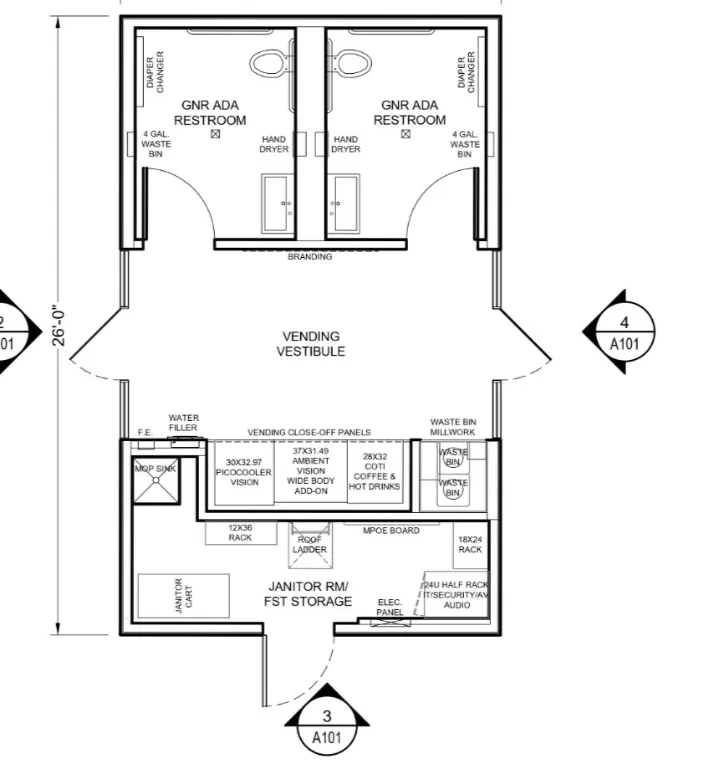 Flachplan von Teslas Micro-Amenity-Gebäude mit zwei Toiletten und einem Automatenbereich