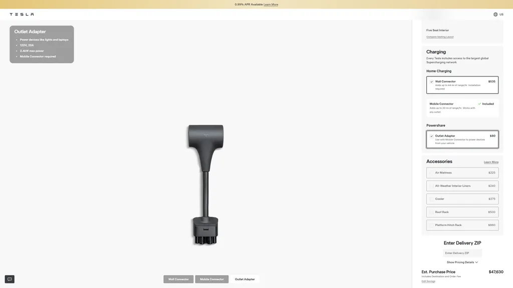 L’adattatore per presa può essere aggiunto come opzione a costo aggiuntivo nel configuratore online Model Y Premium.