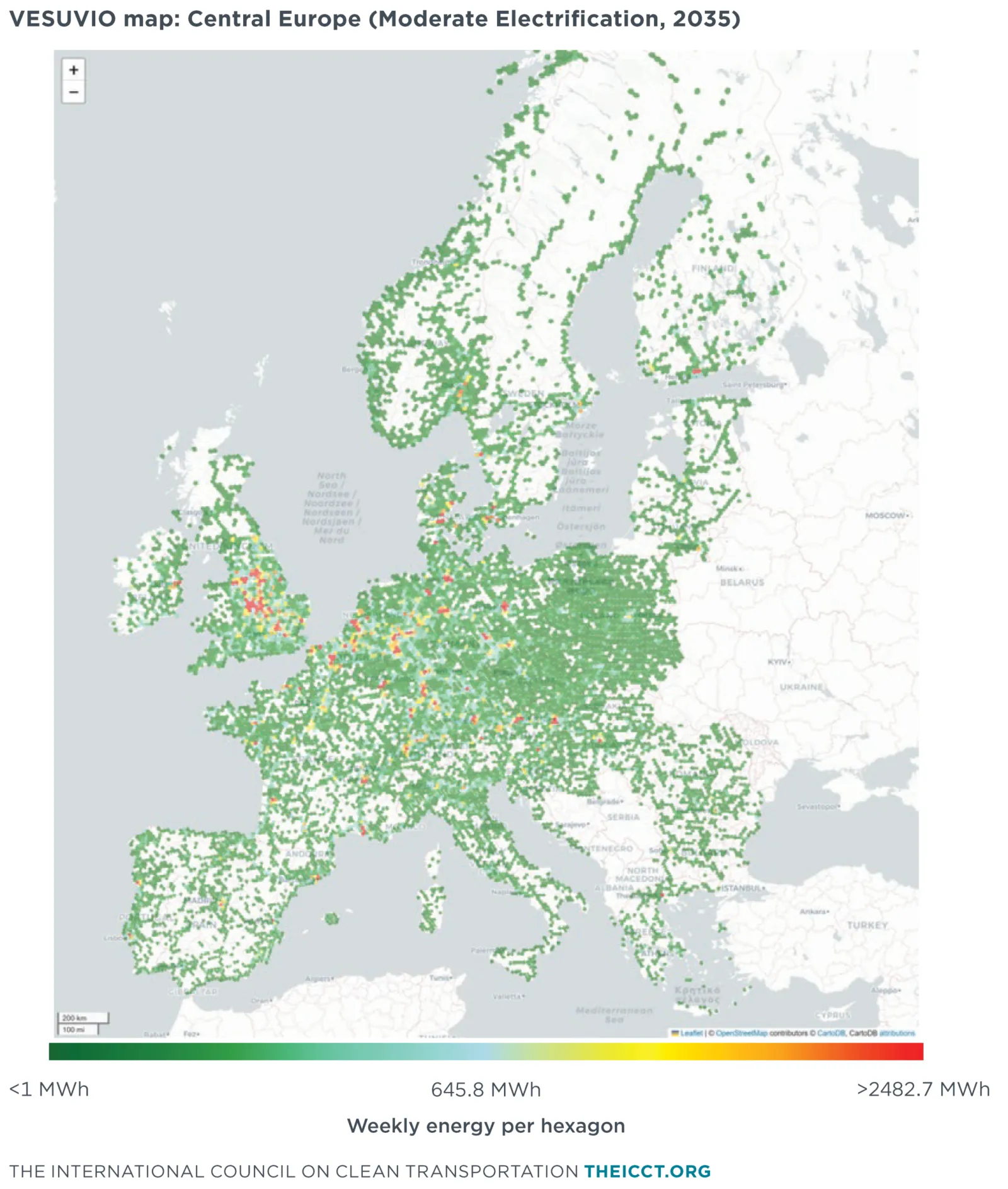 O modelo VESUVIO mostra os pontos críticos regionais da demanda de carregamento de caminhões elétricos para 2035.