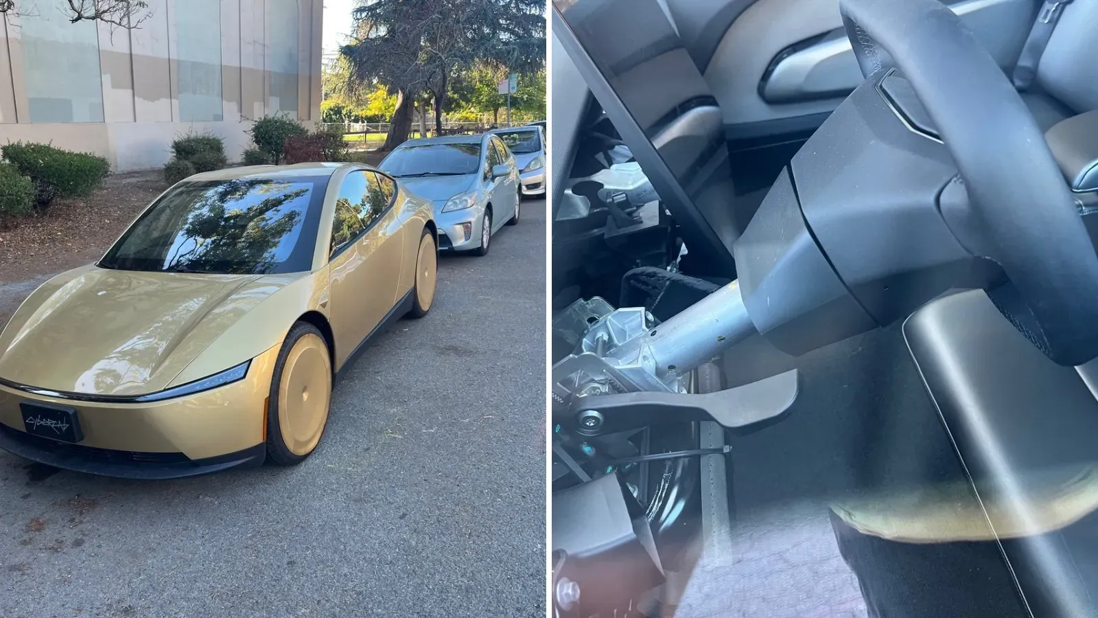 Split image: gold Tesla Cybercab parked in Berkeley beside the exposed Cybertruck steering column bolted into it