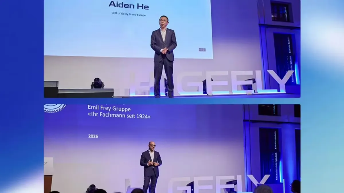 Deux photos prises lors de l’événement de lancement de la marque Geely à Zurich : sur l’image du haut, un dirigeant s’exprime devant une diapositive présentant le PDG de Geely Brand Europe, avec de grandes lettres Geely illuminées sur la scène ; sur l’image du bas, un orateur présente des informations devant une diapositive portant le nom Emi