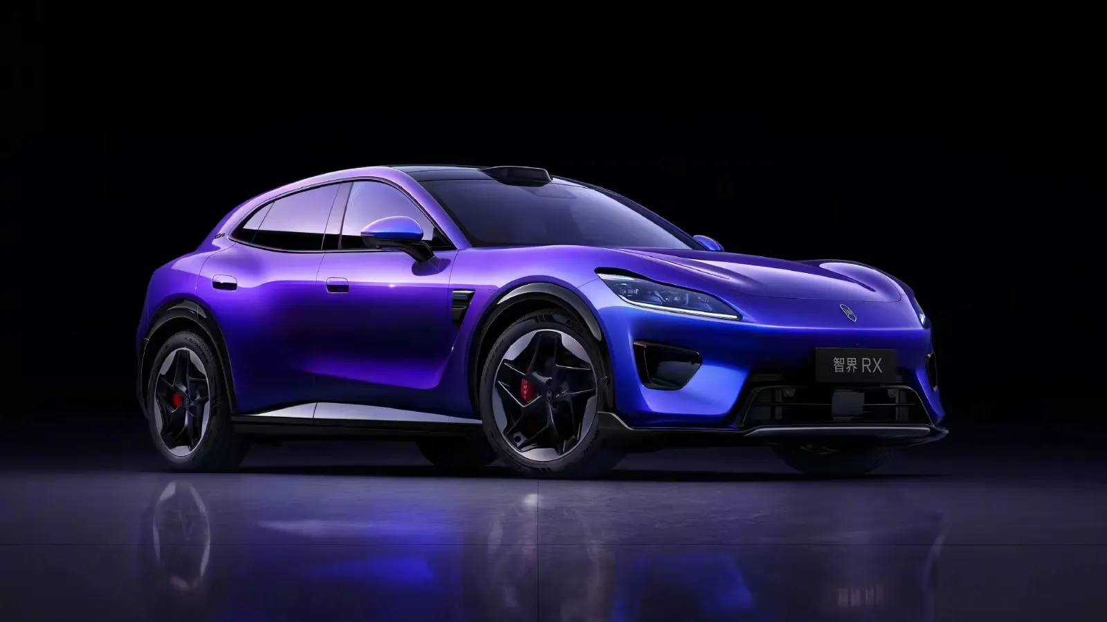 Purple Luxeed RX electric coupe SUV shown from a front three-quarter angle against a dark background.
