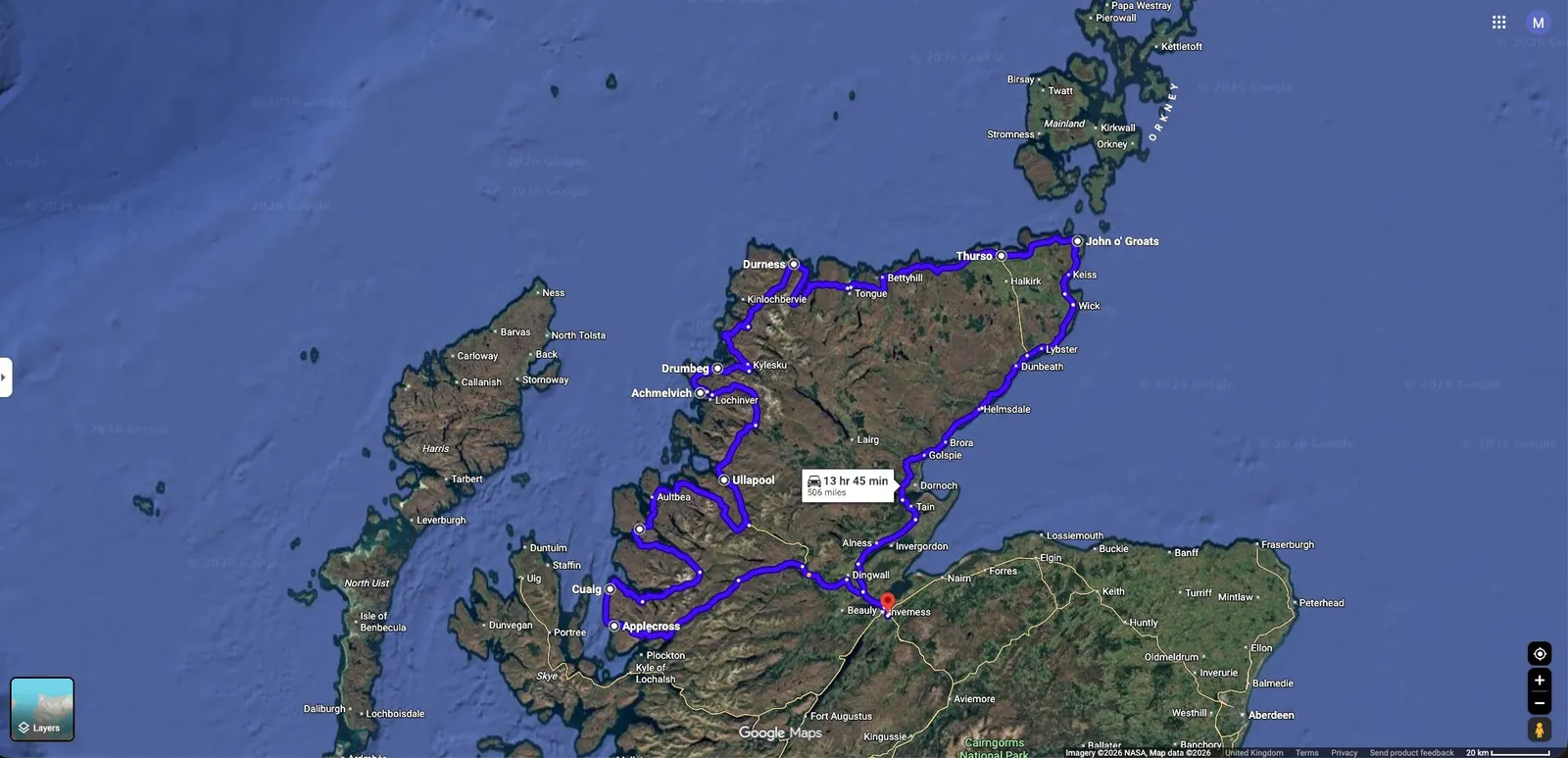 Itinerario del North Coast 500 su Google Maps