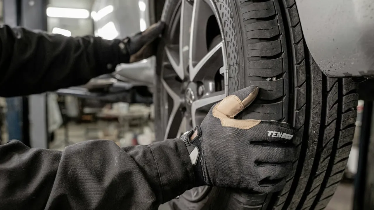 Technicien en gants vérifiant la bande de roulement d'un pneu monté sur jupe aluminium en atelier