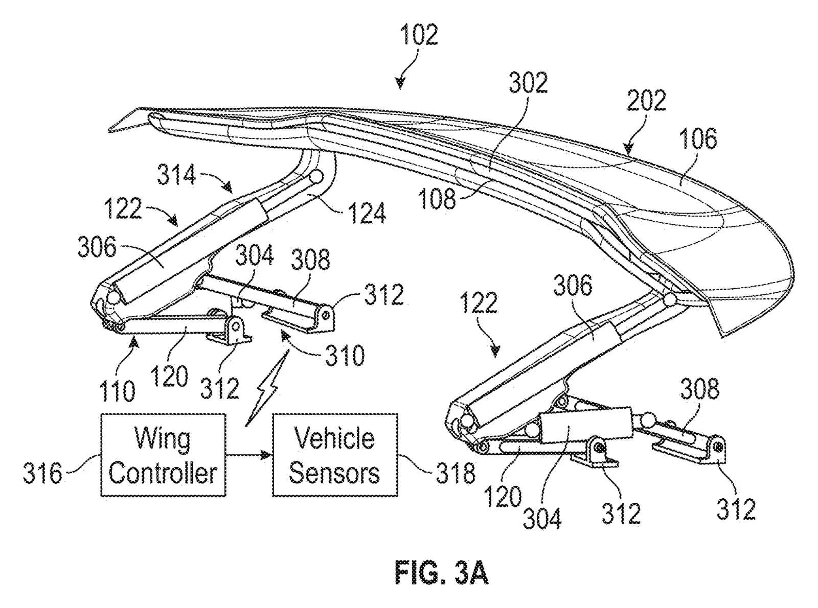 Patente da asa traseira da Tesla – FIG. 3A: conexão de quatro barras e controlador da asa