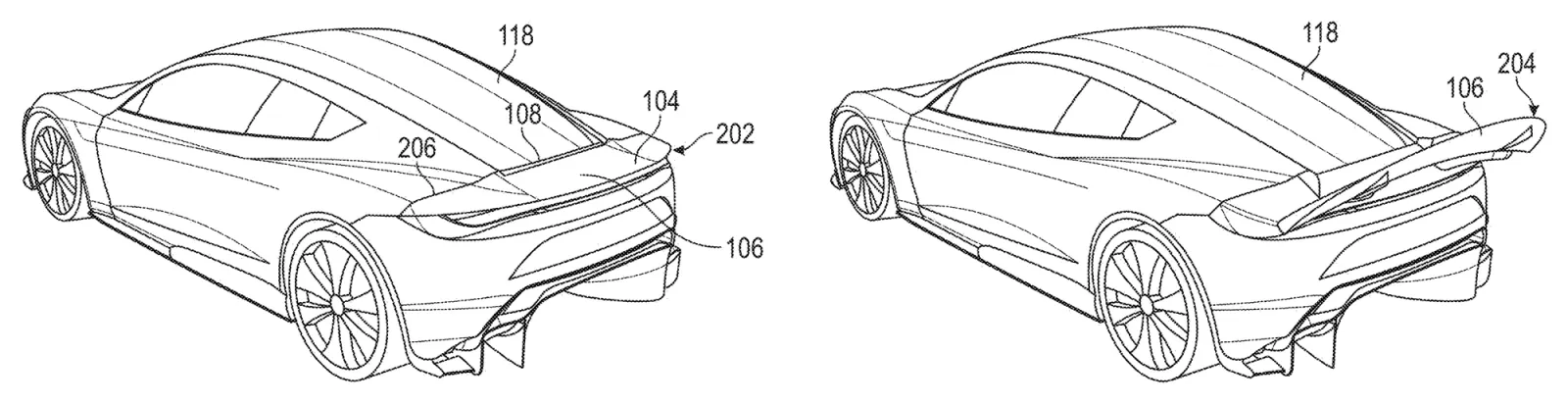 Patente da asa traseira da Tesla, Figuras 2A e 2B: carro semelhante ao Roadster em estado retraído e expandido