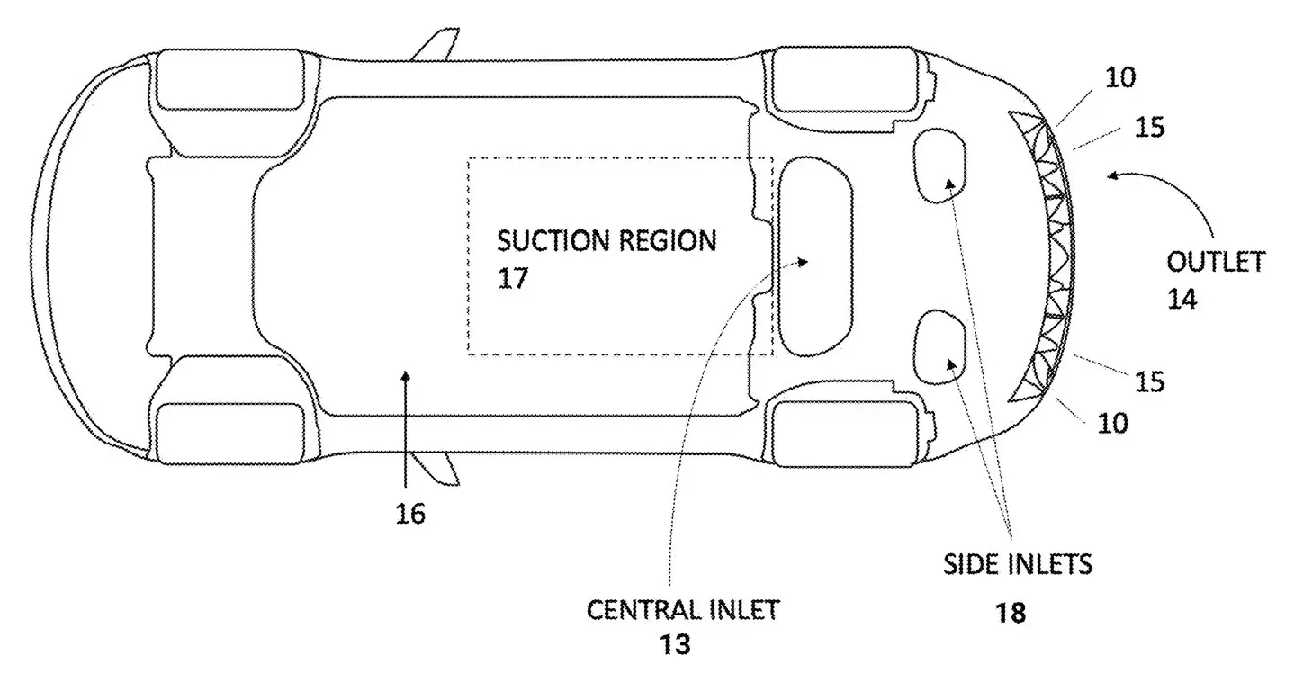 Tesla Electric Fan Car patent FIG. 3B underbody view showing suction region, central inlet, side inlets and rear fan outlet
