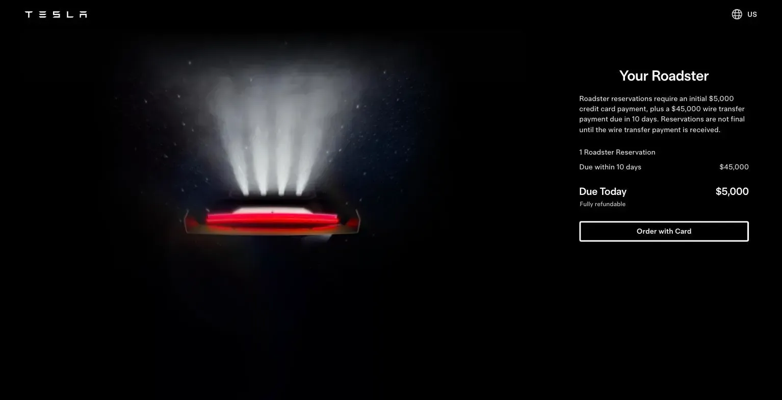 Сторінка бронювання Tesla Roadster із зображенням депозиту у розмірі 50 000 доларів
