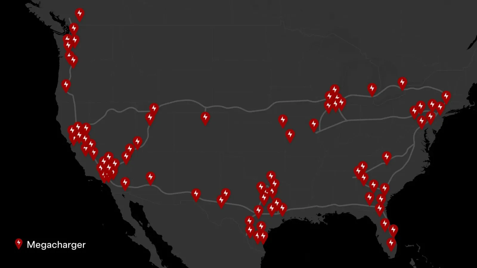 Mapa da rede de Megachargers para o Tesla Semi