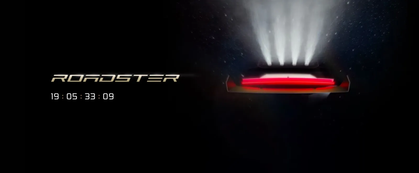 Imagem promocional do Tesla Roadster mostrando o carro sob iluminação de lançamento com contagem regressiva para 1º de outubro