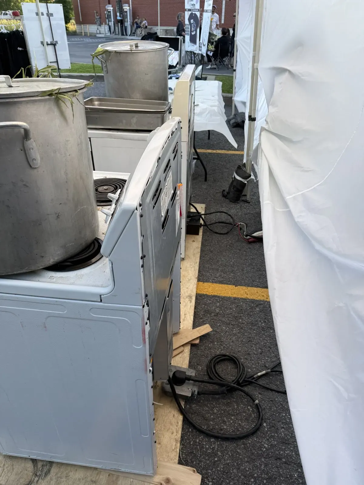 Electric ranges with large stockpots in the concert kitchen, powered by the mobile power plant