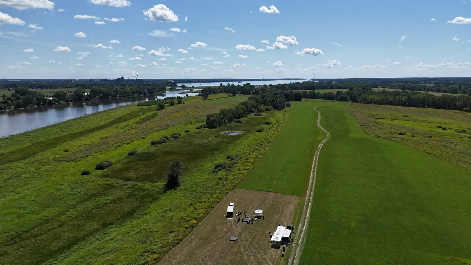Aerial view of the concert stage setup at Ile-aux-Castors in Berthierville, Quebec