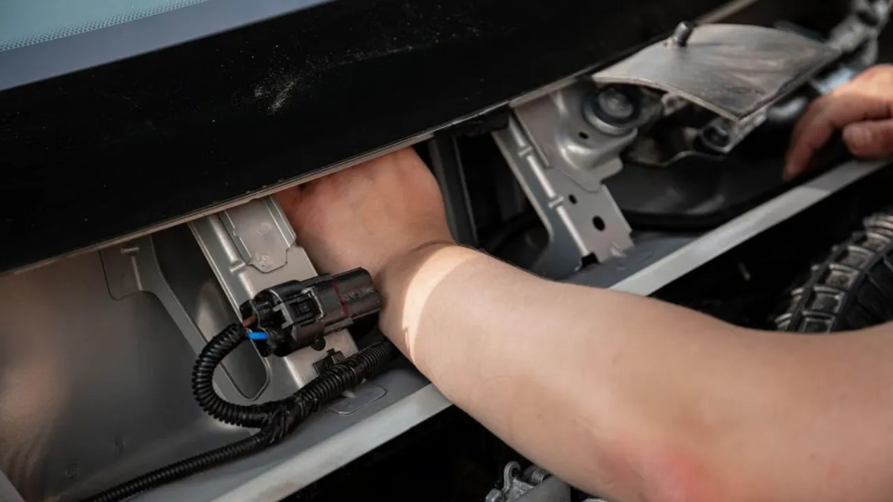 Técnico conectando um conector elétrico de um carro elétrico na oficina