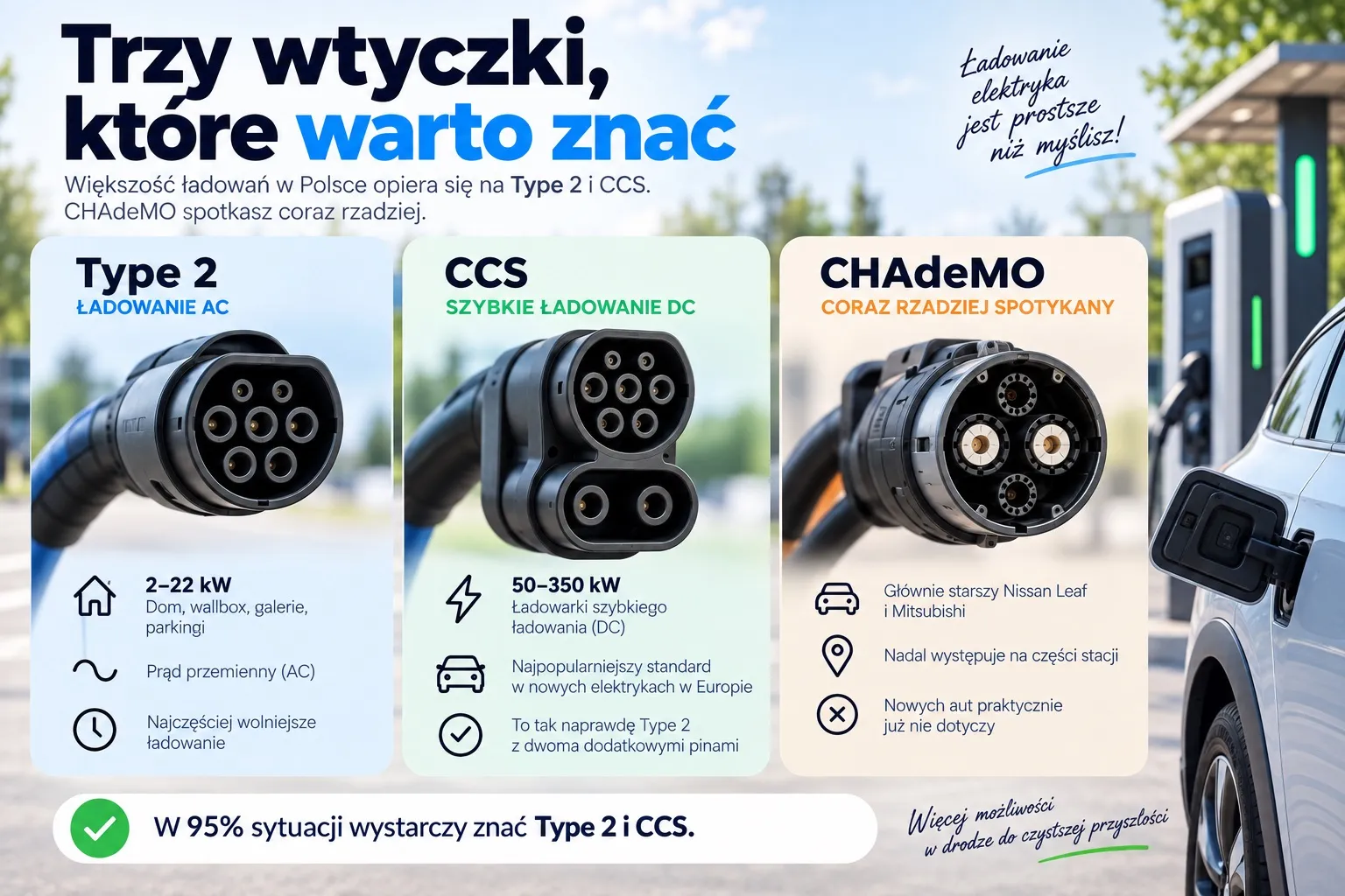Charging an electric car is simple. In practice, Type 2 and CCS are sufficient.