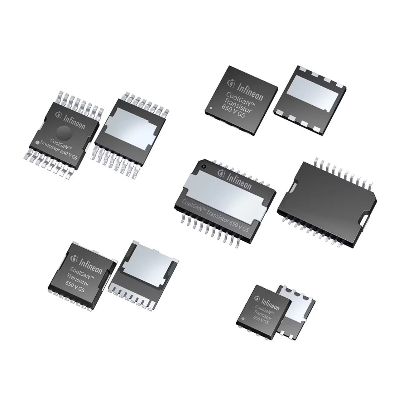 Infineon CoolGaN 650 V G5 transistors in several surface-mount package designs.