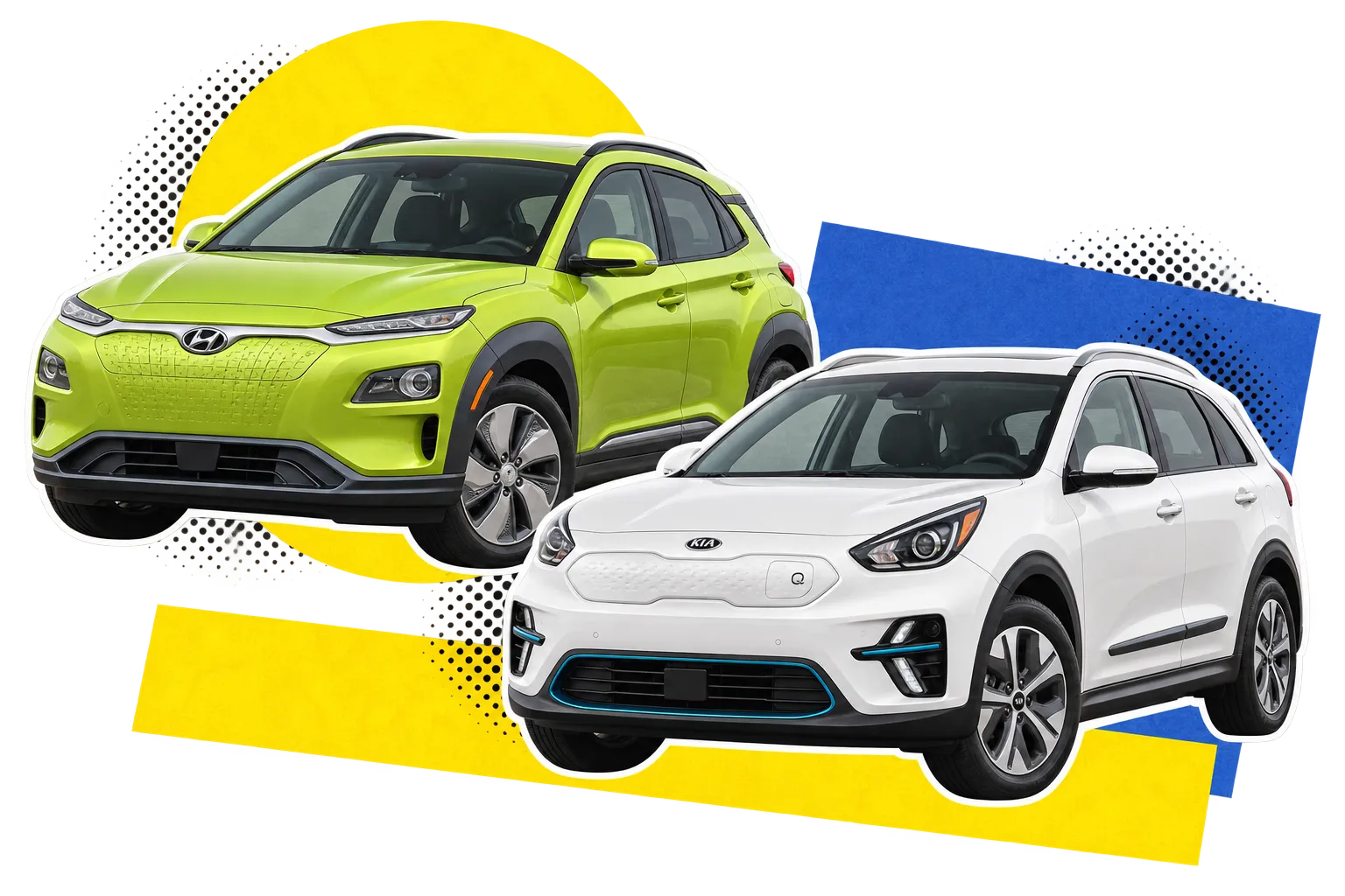 A green Hyundai Kona Electric and a white Kia Niro EV.
